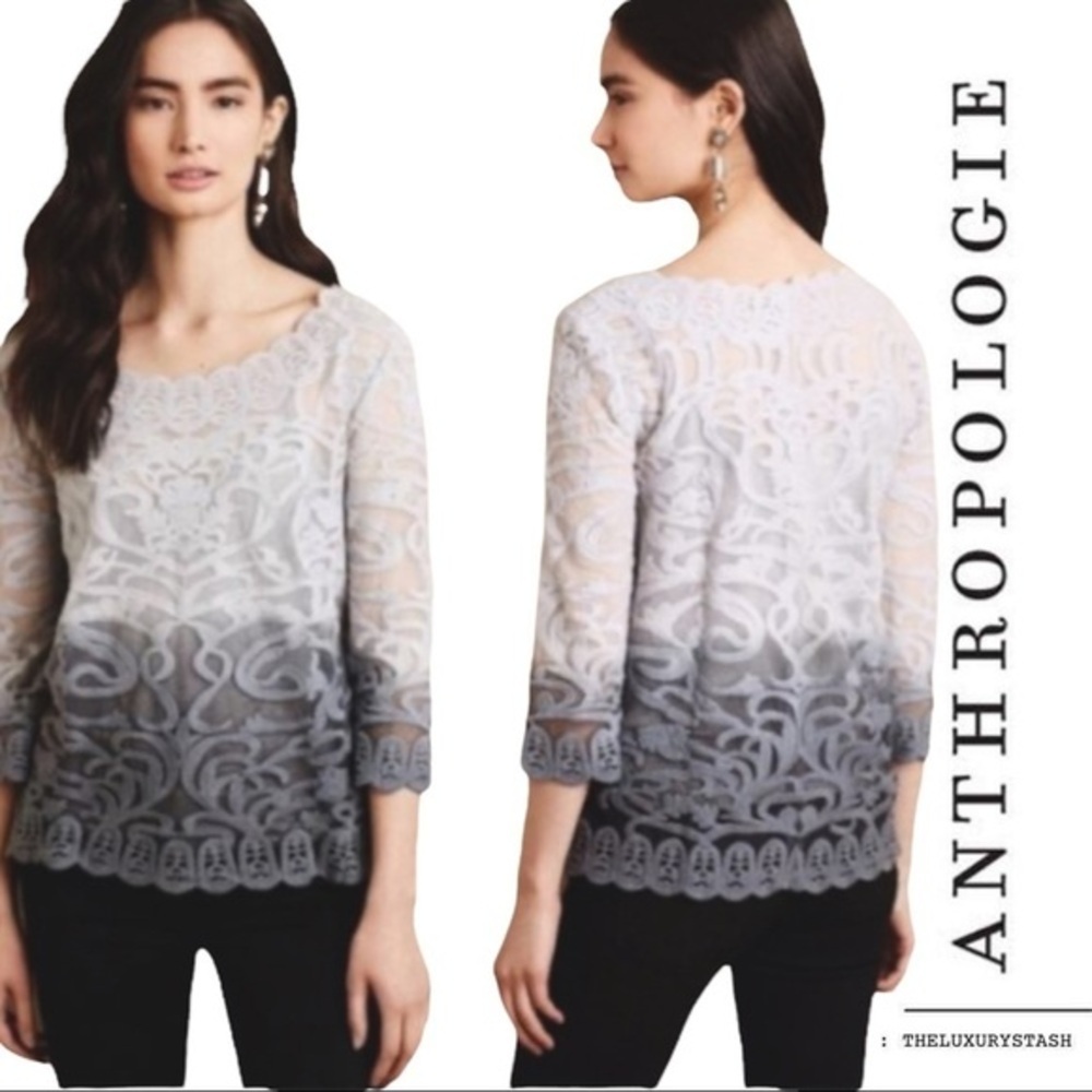 ⚫️ ANTHROPOLOGIE | Meadow Rue Gray White Ombre Meadow Rue Caela Lace Blouse‌‌